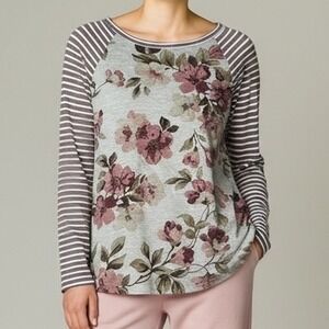 ODDY Womens XSmall Floral Long Sleeve Raglan Tunic Top Gray Pink boho ruffle